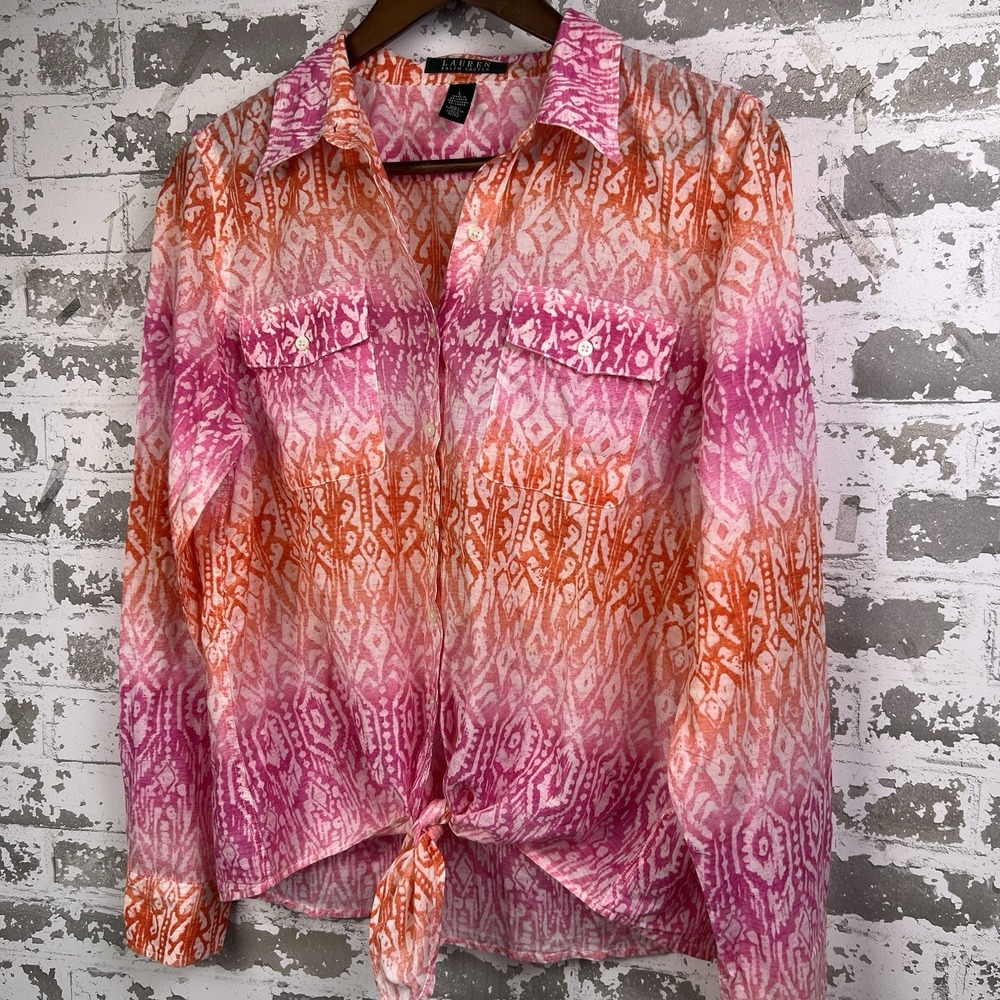 Lauren Ralph Lauren Large Button Down Tie Front Shirt Pink/Orange Ikat Ombre